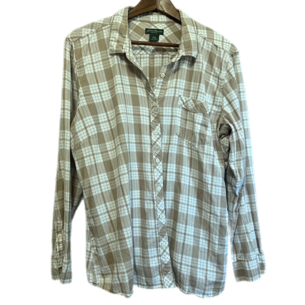 Eddie Bauer Plaid Button Down Women XXL Tan‎ Excellent Long Sleeve Cotton Shirt